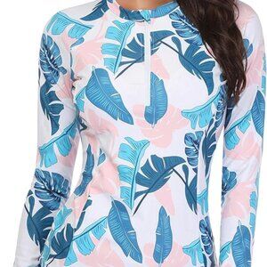 DACI Women Rash Guard Long Sleeve w/ Zipper Built in Bra UPF 50 Sz XXS Pink/Blue